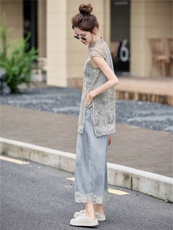 新中式牛仔套装女2025夏季新款蕾丝拼接盘扣上衣牛仔阔腿裤两件套，女装套装/套裙，韩宇舍