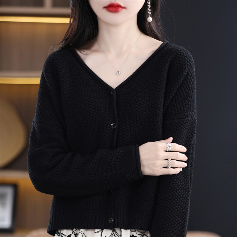 纯棉线长袖针织开衫女短外套毛衣V领宽松休闲外搭短款上衣线衫女，女装针织衫/毛衣，品高羊绒