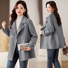 新款时尚气质直筒西装领双排扣中长双面呢大衣，女装双面呢大衣，媚琳依坊
