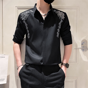 男士夏季新款男士绣花七分袖衬衫男韩版修身衬衣301A-1/CS407/P55图片