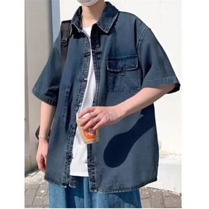 复古盘扣短袖牛仔衬衫男女中性bf水洗五分袖宽松衬衣CY1093-P50图片