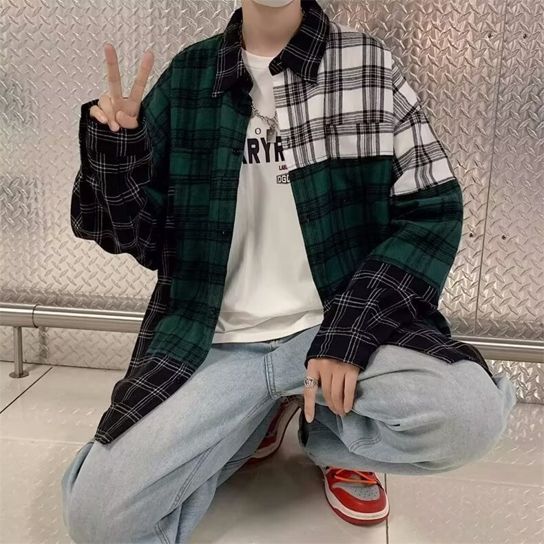 拼接撞色格子衬衫男春季港风ins潮牌宽松休闲长袖衬衣W7254-P38,男装衬衫,星座512-2
