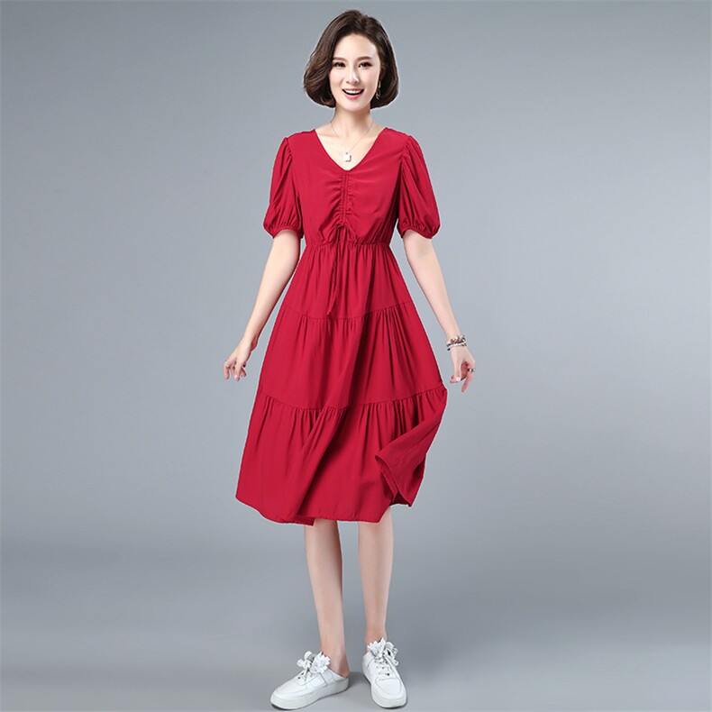 时尚显瘦抽绳V领连衣裙优雅气质红色长裙百搭显高腰设计,女装连衣裙,依恋蒂丝