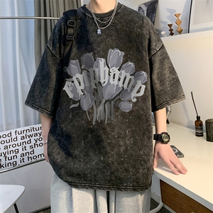B239-1238-P38 美式油画花朵印花复古水洗做旧落肩袖 短袖T恤半袖图片