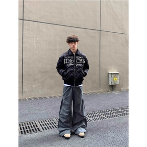 嘻哈风刺绣珍珠黑色菱格棉服夹克男美式复古街头休闲加厚保暖外套图片