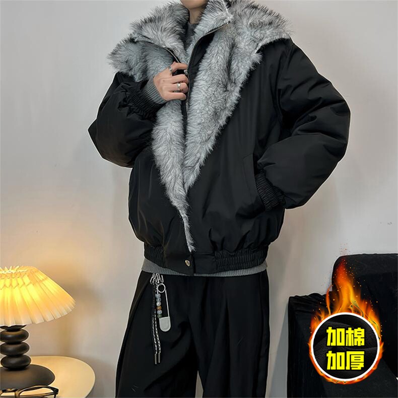 现货高品质美式高街重磅狼王座山雕毛毛领假两件棉衣加厚棉服外套，男装棉衣，电商A486