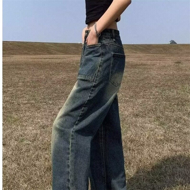 美式高街复古做旧蓝色多口袋设计感牛仔裤男女宽松直筒阔腿裤,女装牛仔裤,星座506A