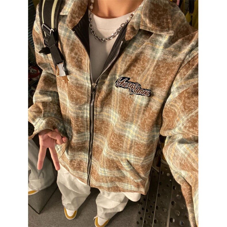 美式复古拉链刺绣格子衬衫外套男春秋季潮牌氛围感宽松情侣夹克潮,男装夹克,星座813-2