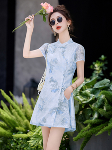 新中式刺绣改良旗袍裙套装女2025夏装时尚钉珠提花减龄短裤两件套图片