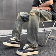 美式复古vintage裤子黄泥色破洞牛仔裤潮牌1001-1-PN931-P45，男装牛仔裤，星座1001-1