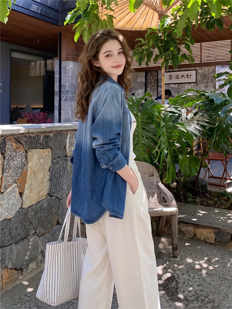 韩系氛围感渐变牛仔衬衫早秋宽松显瘦通勤外搭慵懒风长袖衬衣女,女装衬衫,艾米莉亚