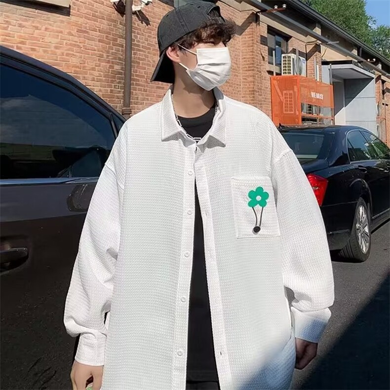 长袖衬衫男新款复古华夫格街头休闲衬衣潮CS0316-P40,男装衬衫,星座308B-1