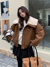 翻领麂皮绒短外套女加厚2025冬季新款小个子毛领保暖夹克皮毛一体，女装短外套，慧尚2-185