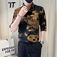 店主风社会小伙男士七分袖印花衬衫男衬衣301A-1/CS585/P55，男装衬衫，星座301A-1