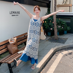 甜美扎染罩衫叠穿蓝色背心连衣裙套装女夏2025新款法式温柔风长裙图片