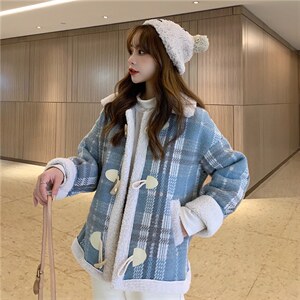 价秋冬外套韩版设计感格纹牛角扣羊羔毛外套宽松加厚外套女,女装皮草,潮品会