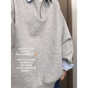 抖音得物高品质26春装美式高街假两件衬衫领长袖卫衣POLO领打底衫图片