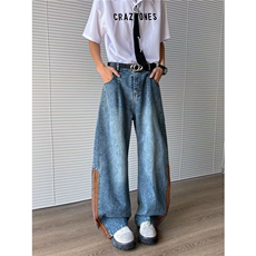 高街牛仔裤男女韩版潮流条纹拼色帅气2026夏季ins长裤RK2656-P57，男装牛仔裤，星座412-2