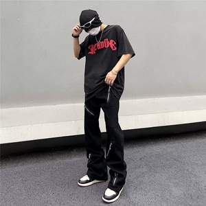 美式高街Vibe风拉链小众设计感牛仔裤男女9分裤喇叭裤阔腿裤~K403图片