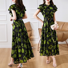 法式印花荷叶边连衣裙女夏季2026新款气质显瘦收腰裙子女款长裙夏，女装连衣裙，尚洛菲