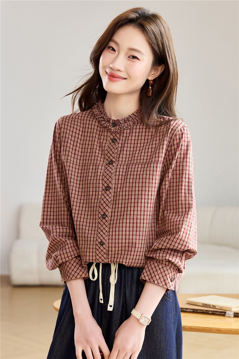 纯棉格子开春衬衫女款2026新款木耳立领休闲减龄上衣,女装衬衫,忆绮罗