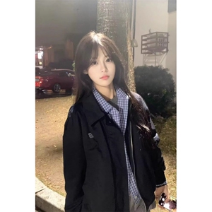 撞色拼接格子假两件夹克外套男女秋季翻领情侣开衫上衣-Y620图片