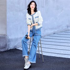 套装女2022秋装新款时尚百搭小香风珍珠扣外套上衣+牛仔长裤，女装套装/套裙，天丝秀