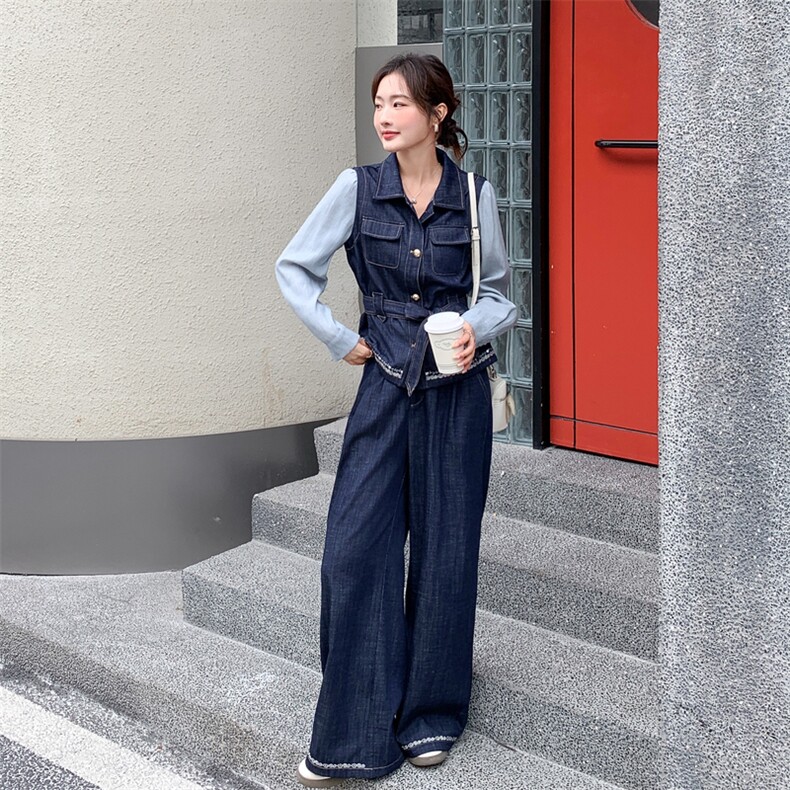 【新款，现货】26春牛仔衬衣马甲拼接假两件套2C215-P205-K328,女装套装/套裙,2C215