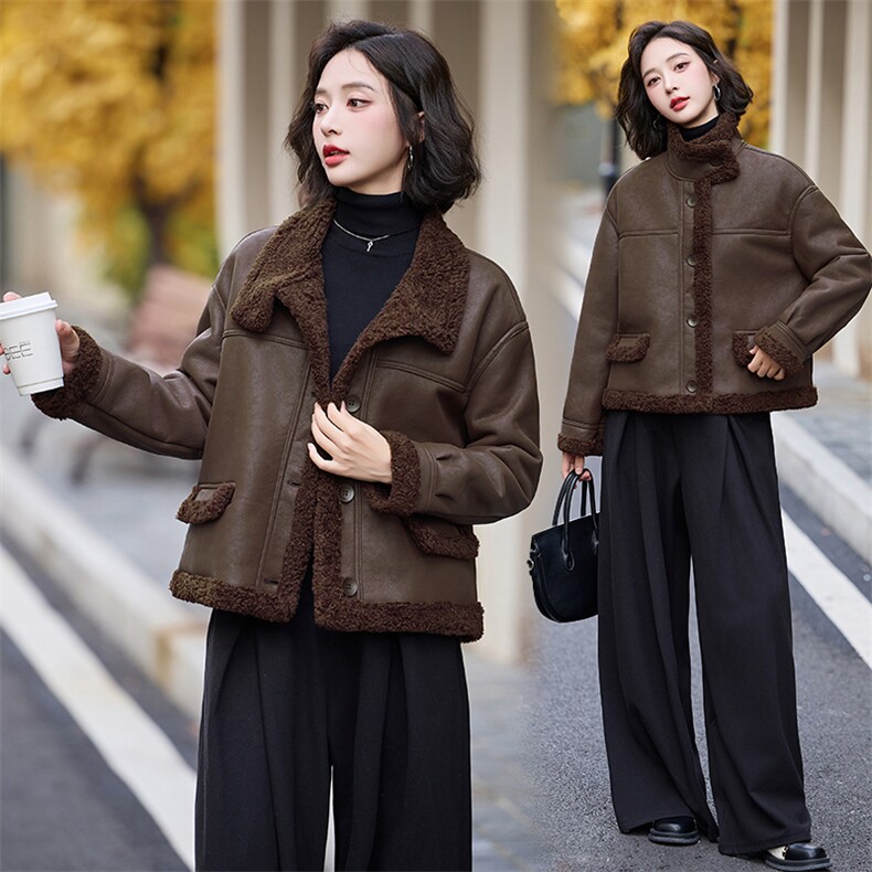 现货皮毛一体羊羔毛外套女短款2024秋冬新款加绒加厚外套，女装羊羔毛/颗粒绒，美拉德工厂直营店