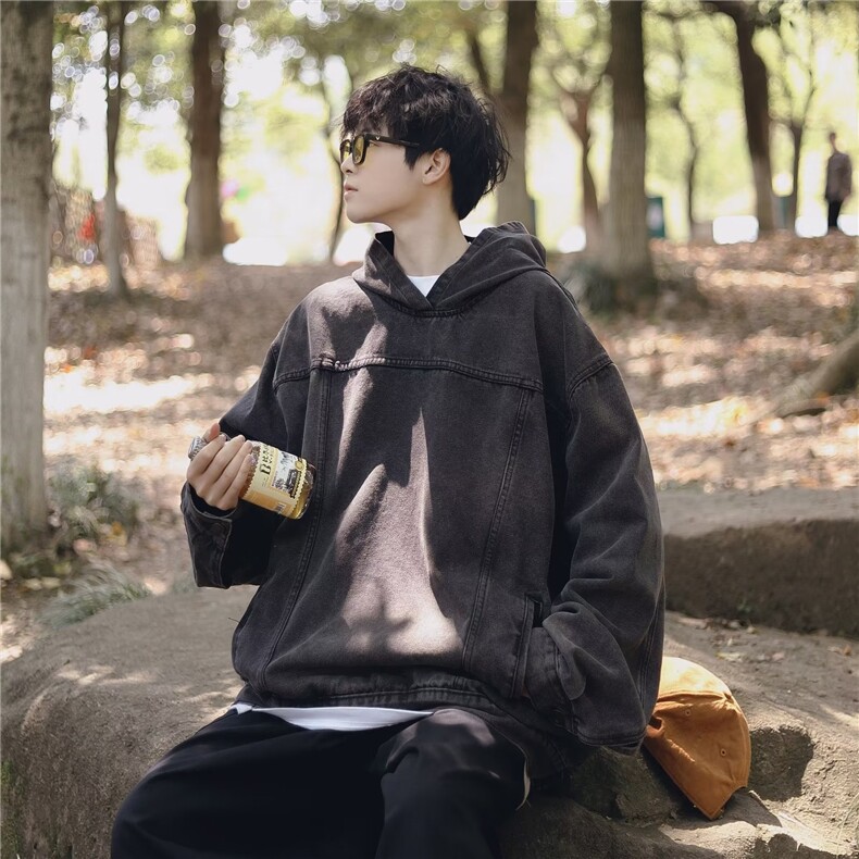 水洗牛仔卫衣外套男连帽秋季日系宽松套头夹克上衣服WY008 P65图片