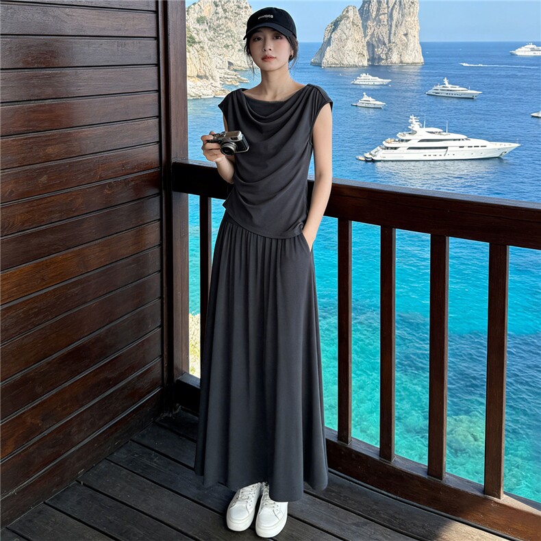 设计感时尚气质套装裙女夏季新款修身褶皱短袖上衣半身长裙两件套,女装套装/套裙,江南