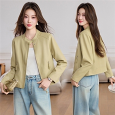 常规无袖口设计2026年春季薄斜插袋修身立领聚酯纤维合成革休闲风，女装皮衣，悦祺