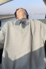 特批P25无差价夏季半拉链polo衫金属扣华夫格男宽松短袖T恤T5077，男装T恤，电商A001-1