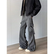 美式复古设计感多口袋牛仔裤男宽松阔腿高街工装裤子RK3242-P61，男装牛仔裤，星座412-3