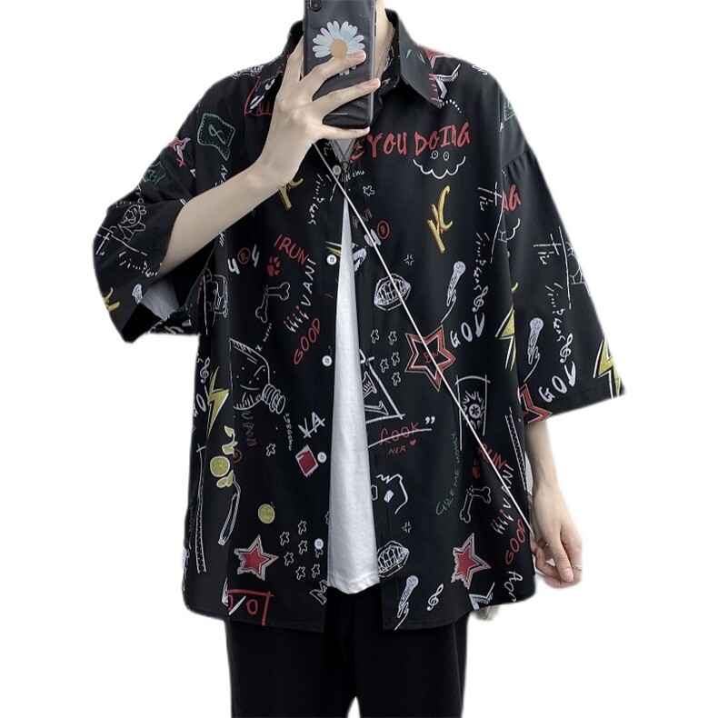 港风宽松帅气流行青少年印花短袖衬衣男衬衫XZ-702-CS101P40,男装衬衫,电商A430（原星座702）