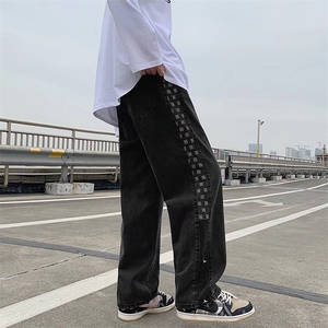 美式高街牛仔裤男秋冬季侧排扣直筒裤子潮牌格子阔腿裤NK419-P40