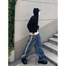 B221美式ins高街小众宽松三条杠运动牛仔裤LK23130-P60控78，男装牛仔裤，电商B221