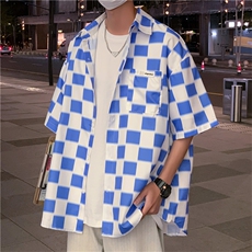 棋盘格短袖衬衫男设计感小众2023新款韩版宽松衬衣潮CS0754-P35，男装衬衫，星座308B-1