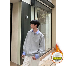 重磅加绒硬挺boxy男女美式高街假两件衬衫领长袖卫衣POLO领打底衫，男装T恤，电商A486