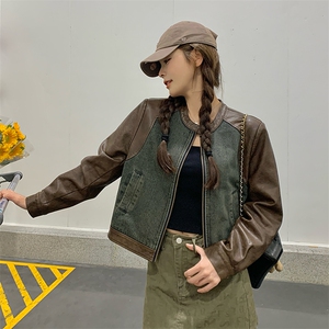 港风复古时尚拼接皮牛仔外套女2025春秋季新款宽松显瘦正肩短上衣图片
