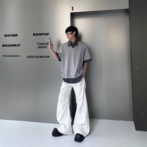流行气质原宿慵懒新款日系潮流简约时尚小众假两件拼接条纹领T恤图片