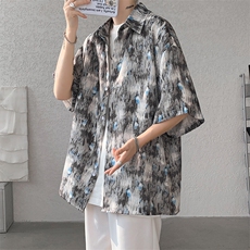痞帅翻领短袖衬衫男款夏季复古宽松休闲街头风百搭短袖花衬衣外套，男装衬衫，电商D232