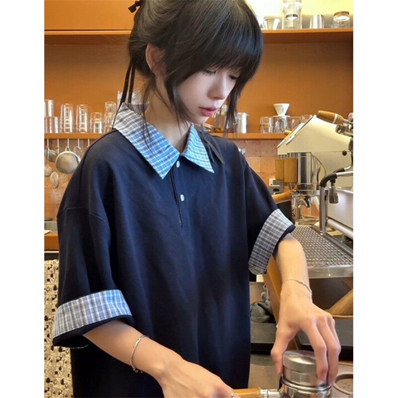 藏青色短袖T恤男款夏季青少年美式假两件宽松半袖休闲POLO领上衣，男装Polo衫，星座1116A（原606A-3）