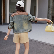 复古拼接牛仔外套女2025春秋新款韩版宽松小个子休闲短款夹克上衣，女装牛仔外套，江南女神