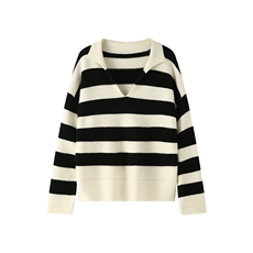 欧货山羊绒衫女翻领条纹秋冬新款宽松加厚POLO领慵懒风针织毛衣，女装羊绒衫，蒂暖羊绒