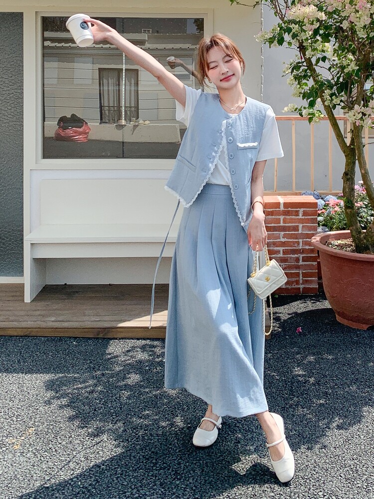 温柔系穿搭蓝色马甲套装女夏新款高级感显瘦休闲t恤半身裙三件套,女装套装/套裙,慧尚2-185