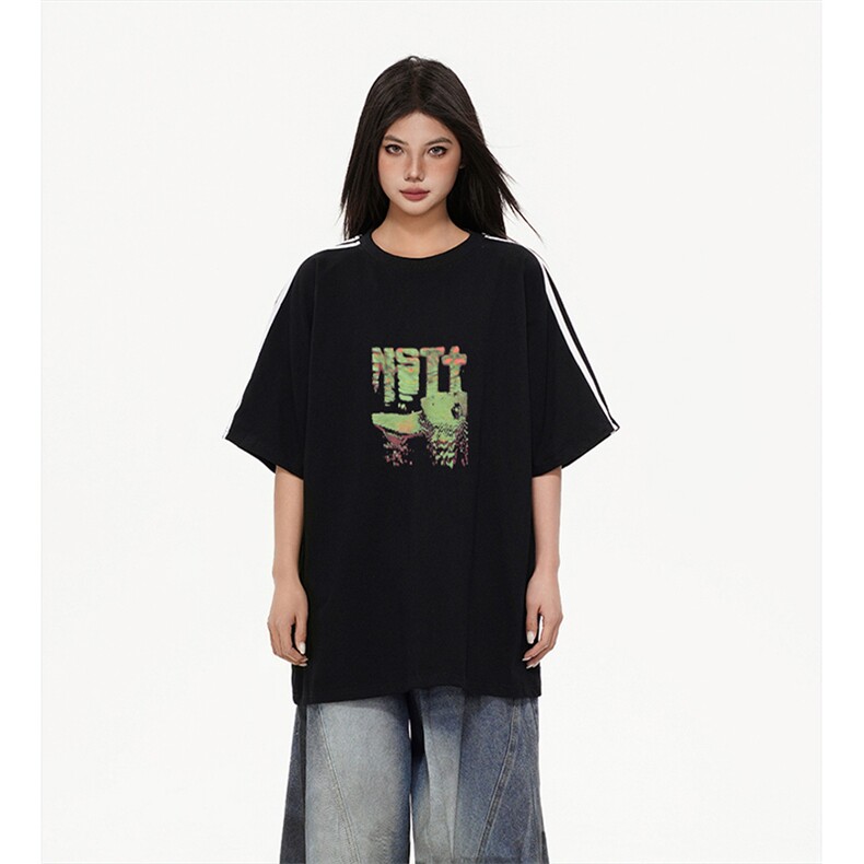 抖音得物高品质二开240克宽松纯棉美式潮牌三条杠织带短袖T恤，男装T恤，电商A486-1