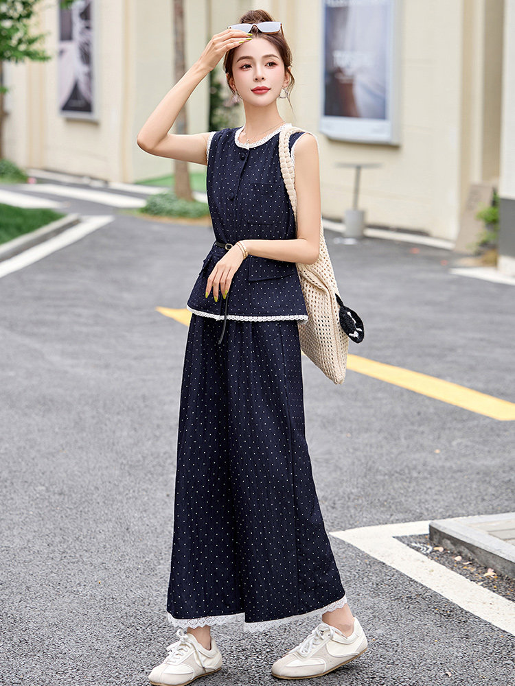 蕾丝花边拼接波点套装裤女2025夏季新款无袖马甲背心阔腿裤两件套,女装套装/套裙,沁沁公主