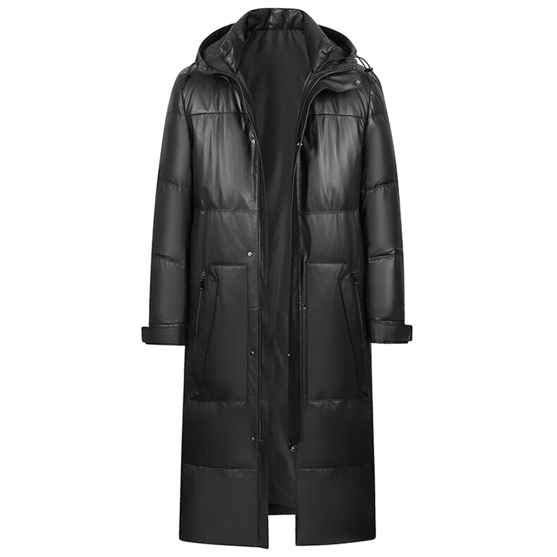 真皮小牛皮鹅绒羽绒服男新款连帽加长款过膝百搭秋冬潮帅气外套男，男装皮衣，电商B360
