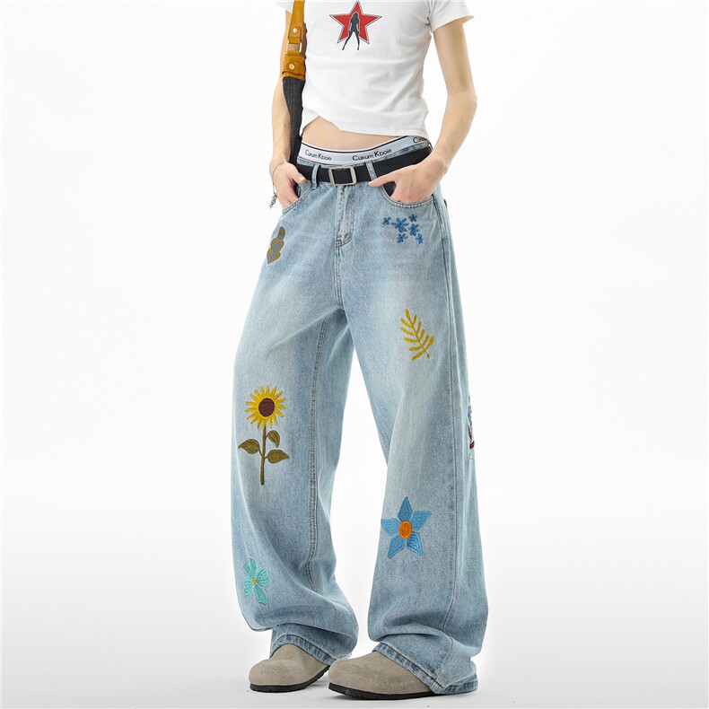 【现货】XZ612-S4103-P70美式复古向日葵绣花直筒水洗牛仔裤,男装牛仔裤,星座612